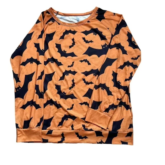 Plus Size Halloween Orange Long Sleeve Shirt with Bats - Picture 2 of 9